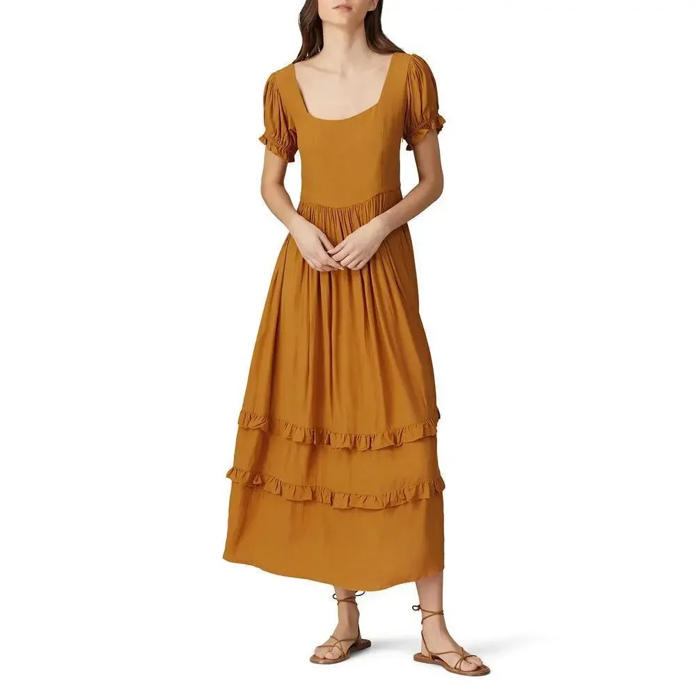 The Odells Eliza Dress Puff Sleeve Square Neck Ruffle Tiered Maxi Burnt Orange M